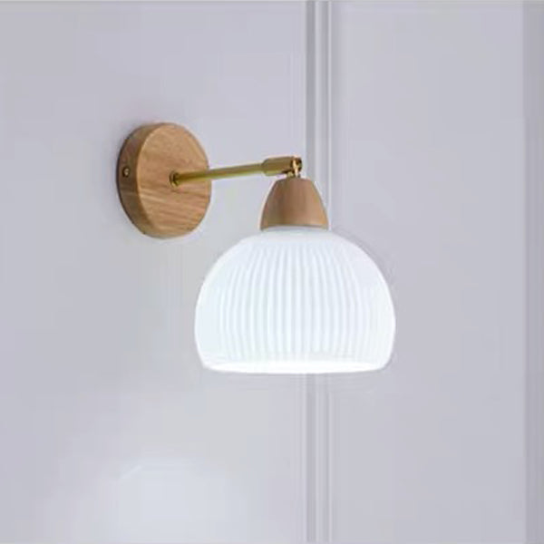 Traditional Japanese Half Round Cream Glass Wood Brass 1-Light Wall Sconce Lamp For Bedroom