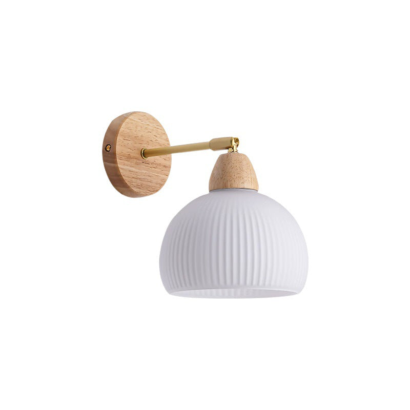 Traditional Japanese Half Round Cream Glass Wood Brass 1-Light Wall Sconce Lamp For Bedroom