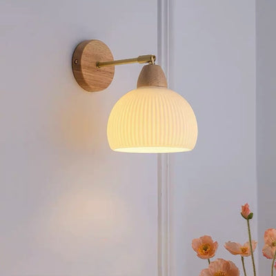 Traditional Japanese Half Round Cream Glass Wood Brass 1-Light Wall Sconce Lamp For Bedroom
