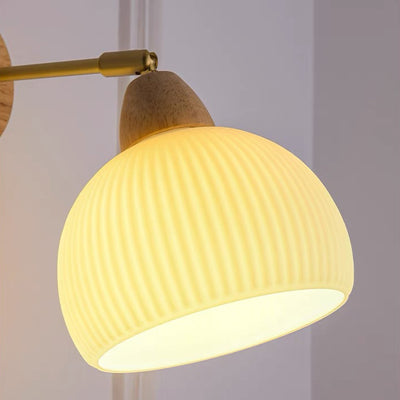 Traditional Japanese Half Round Cream Glass Wood Brass 1-Light Wall Sconce Lamp For Bedroom