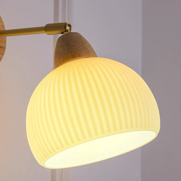 Traditional Japanese Half Round Cream Glass Wood Brass 1-Light Wall Sconce Lamp For Bedroom