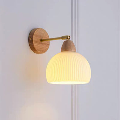 Traditional Japanese Half Round Cream Glass Wood Brass 1-Light Wall Sconce Lamp For Bedroom