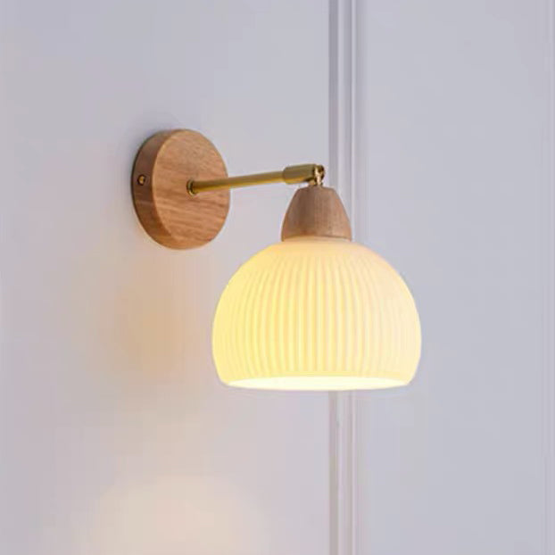 Traditional Japanese Half Round Cream Glass Wood Brass 1-Light Wall Sconce Lamp For Bedroom