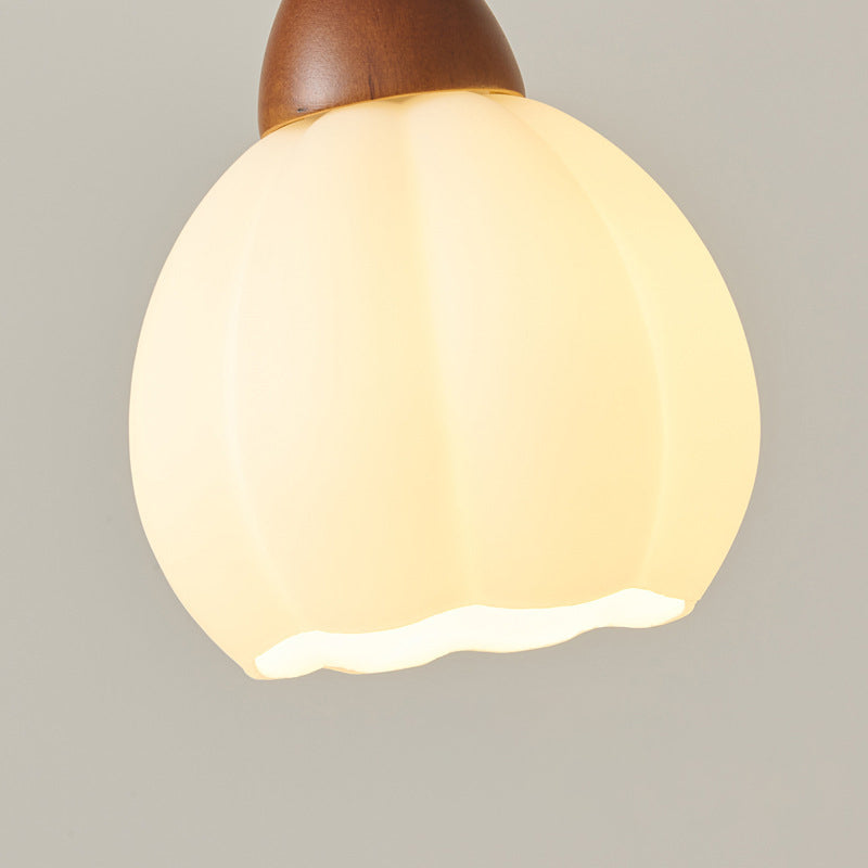 Traditional French Pumpkin Long Oval Plate Glass Wood Iron 3/4 Light Chandelier For Living Room