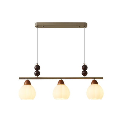 Traditional French Pumpkin Long Oval Plate Glass Wood Iron 3/4 Light Chandelier For Living Room