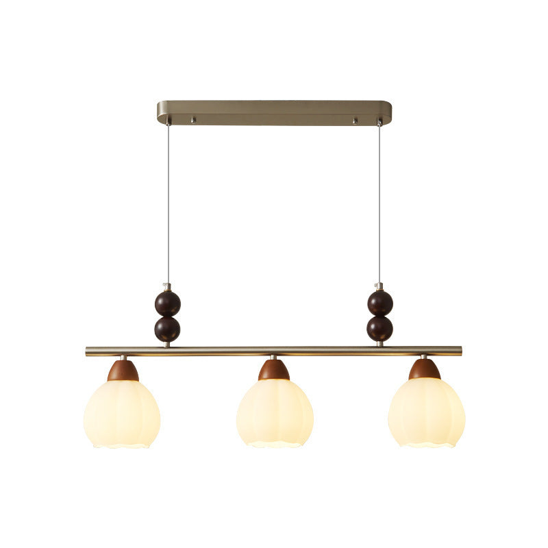 Traditional French Pumpkin Long Oval Plate Glass Wood Iron 3/4 Light Chandelier For Living Room