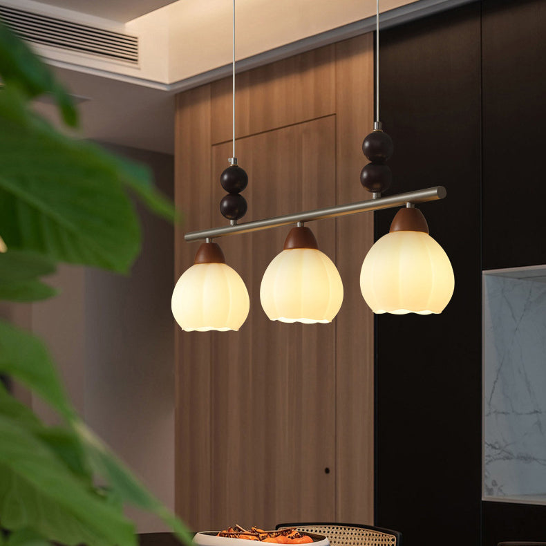 Traditioneller französischer Kürbis Langer ovaler Teller Glas Holz Eisen 3/4 Licht Kronleuchter für Wohnzimmer 