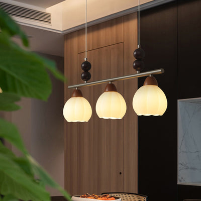 Traditional French Pumpkin Long Oval Plate Glass Wood Iron 3/4 Light Chandelier For Living Room