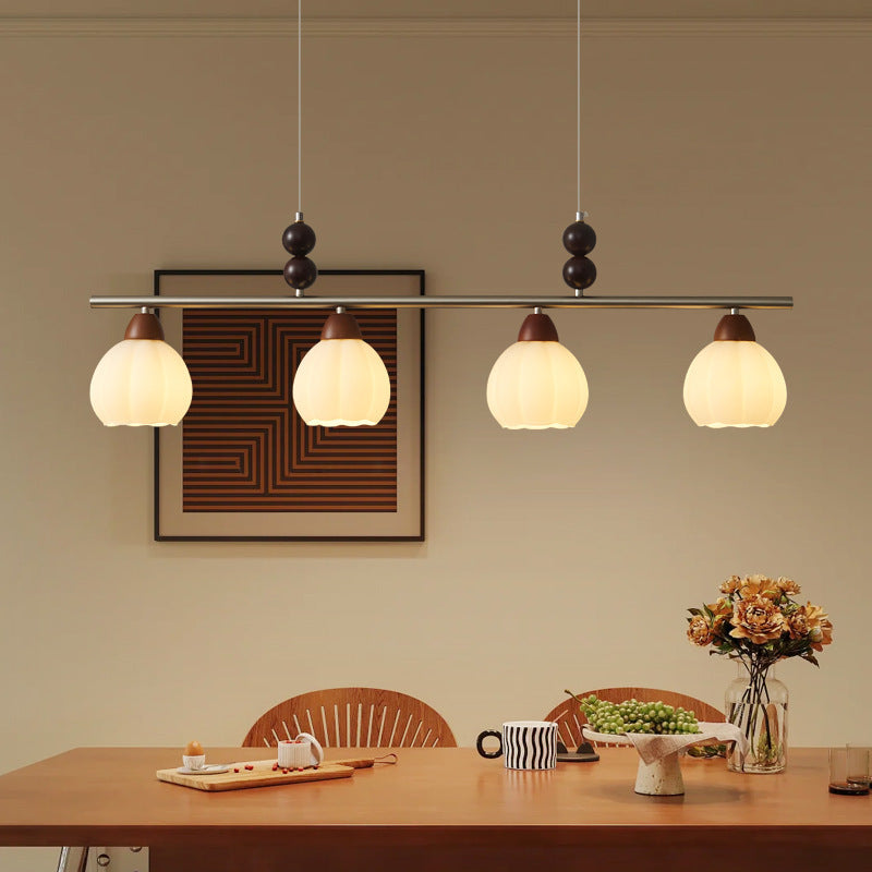 Traditioneller französischer Kürbis Langer ovaler Teller Glas Holz Eisen 3/4 Licht Kronleuchter für Wohnzimmer 