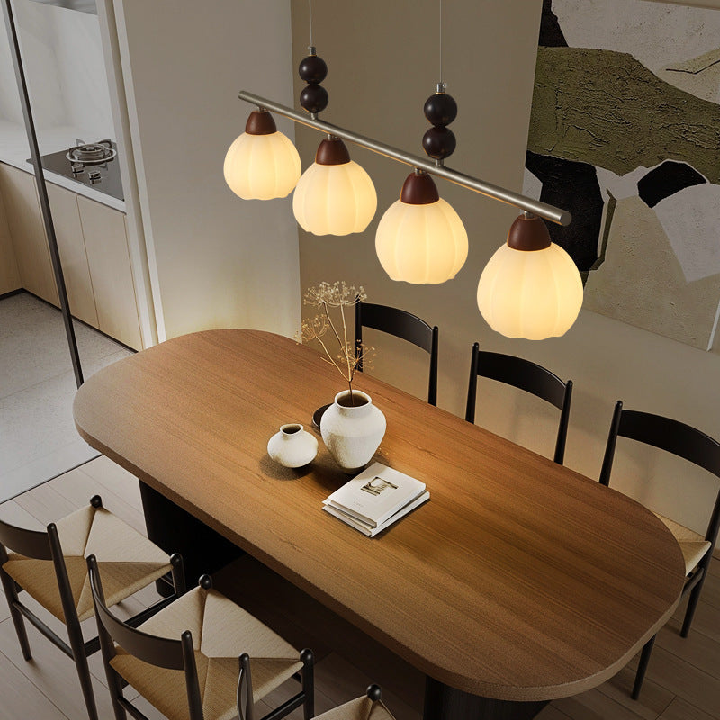 Traditioneller französischer Kürbis Langer ovaler Teller Glas Holz Eisen 3/4 Licht Kronleuchter für Wohnzimmer 