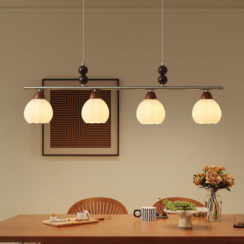 Traditioneller französischer Kürbis Langer ovaler Teller Glas Holz Eisen 3/4 Licht Kronleuchter für Wohnzimmer 