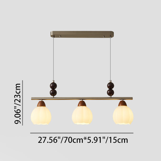 Traditional French Pumpkin Long Oval Plate Glass Wood Iron 3/4 Light Chandelier For Living Room
