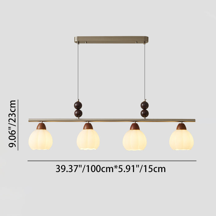Traditional French Pumpkin Long Oval Plate Glass Wood Iron 3/4 Light Chandelier For Living Room