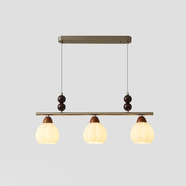 Traditional French Pumpkin Long Oval Plate Glass Wood Iron 3/4 Light Chandelier For Living Room