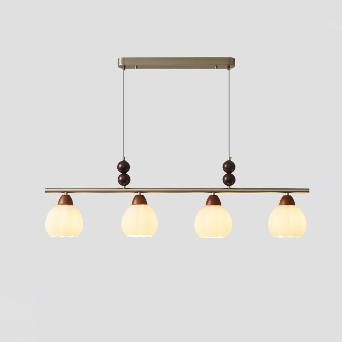 Traditional French Pumpkin Long Oval Plate Glass Wood Iron 3/4 Light Chandelier For Living Room