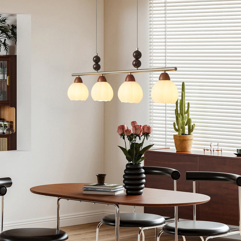 Traditional French Pumpkin Long Oval Plate Glass Wood Iron 3/4 Light Chandelier For Living Room