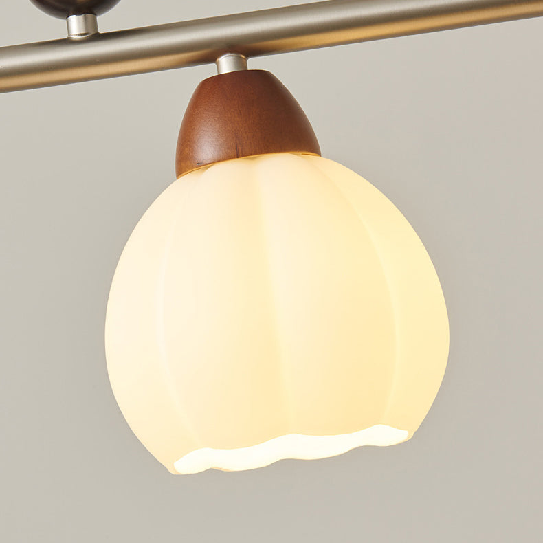 Traditional French Pumpkin Long Oval Plate Glass Wood Iron 3/4 Light Chandelier For Living Room