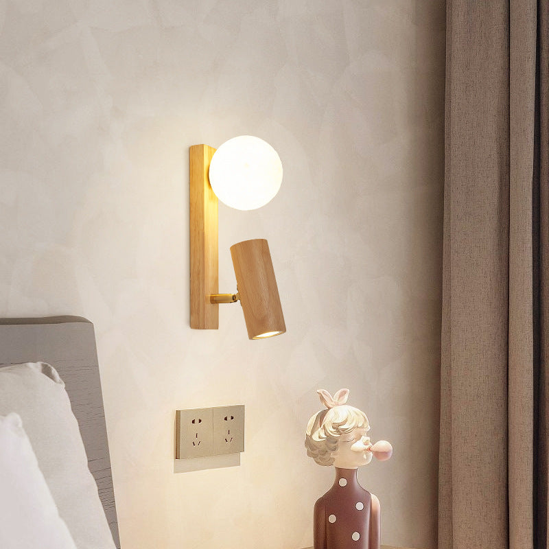 Traditional Japanese Round Ball Cylinder Rectangle PLA Plastic Solid Wood 1-Light Wall Sconce Lamp For Bedroom