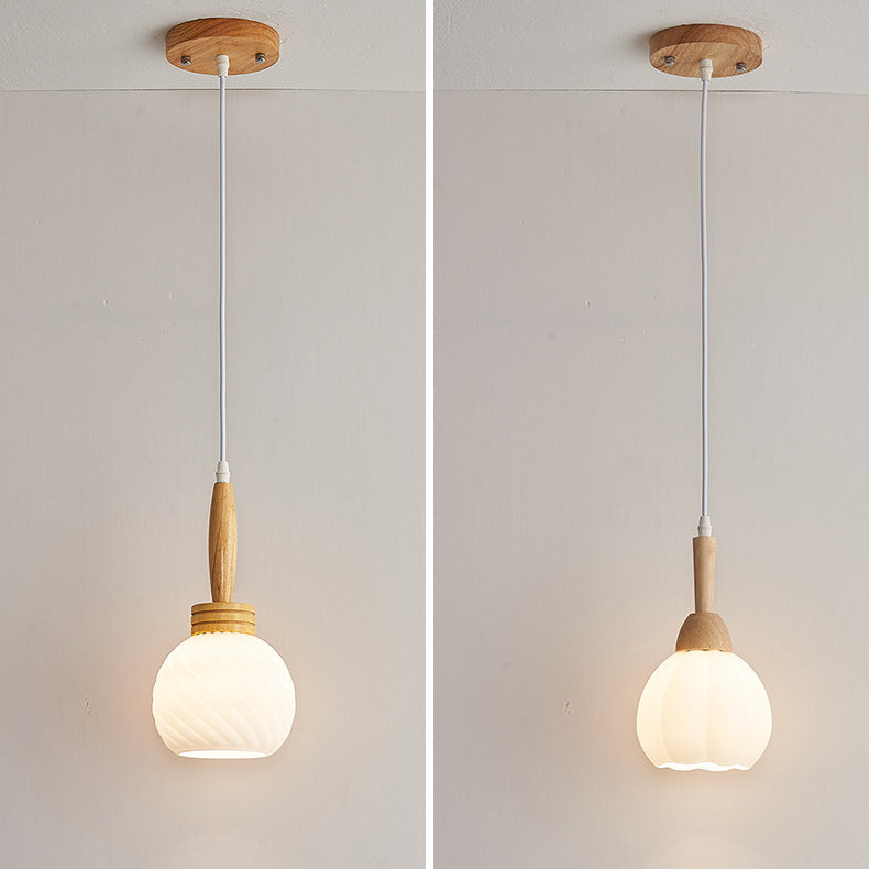 Traditional Japanese Orb Tapered Round Glass Wood 1-Light Pendant Light For Living Room