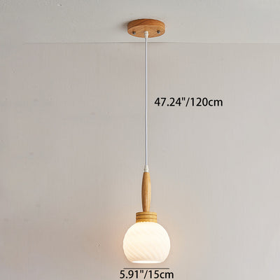 Traditional Japanese Orb Tapered Round Glass Wood 1-Light Pendant Light For Living Room