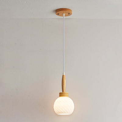 Traditional Japanese Orb Tapered Round Glass Wood 1-Light Pendant Light For Living Room