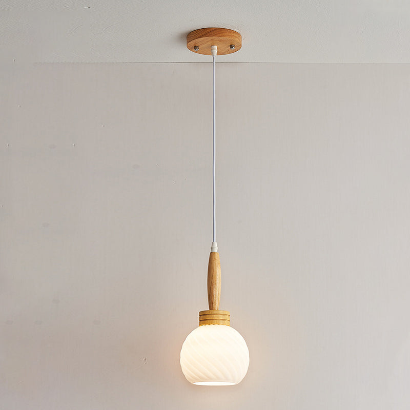 Traditional Japanese Orb Tapered Round Glass Wood 1-Light Pendant Light For Living Room