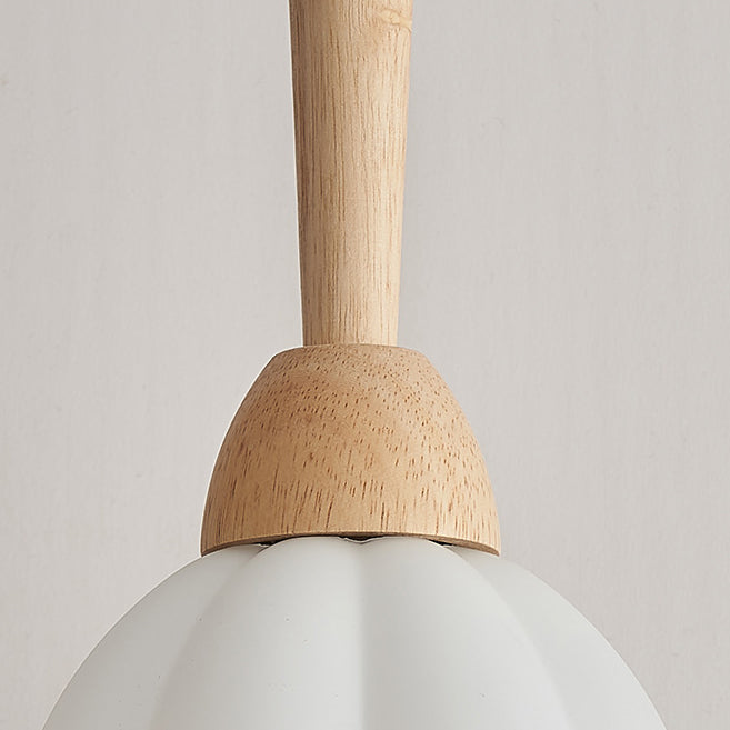 Traditional Japanese Orb Tapered Round Glass Wood 1-Light Pendant Light For Living Room