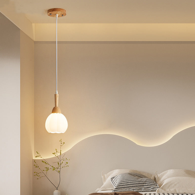 Lámpara colgante de 1 luz con vidrio redondo cónico de madera y orbe tradicional japonesa para sala de estar 