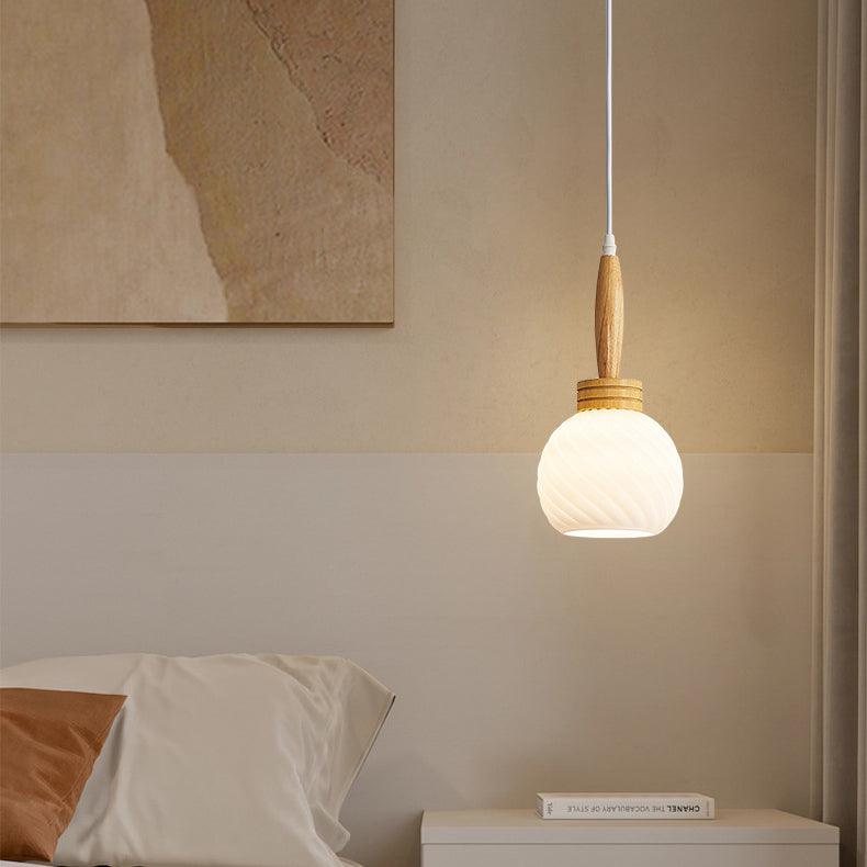 Traditional Japanese Orb Tapered Round Glass Wood 1-Light Pendant Light For Living Room