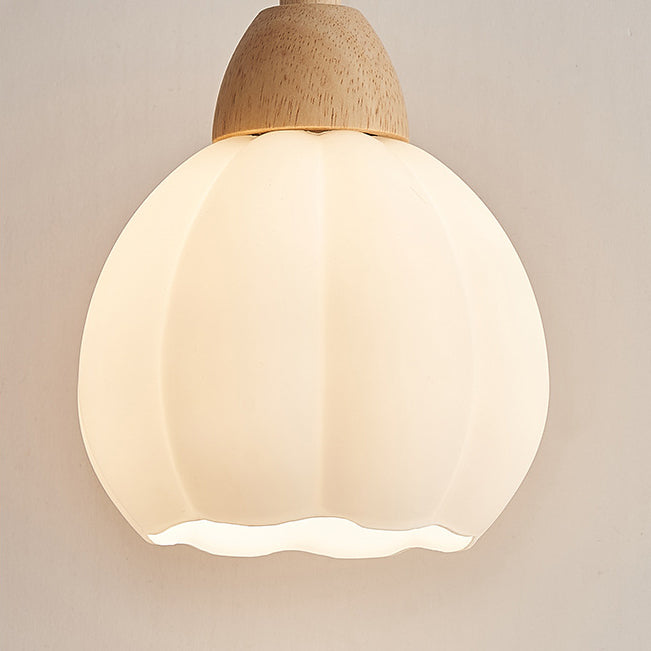 Traditional Japanese Orb Tapered Round Glass Wood 1-Light Pendant Light For Living Room