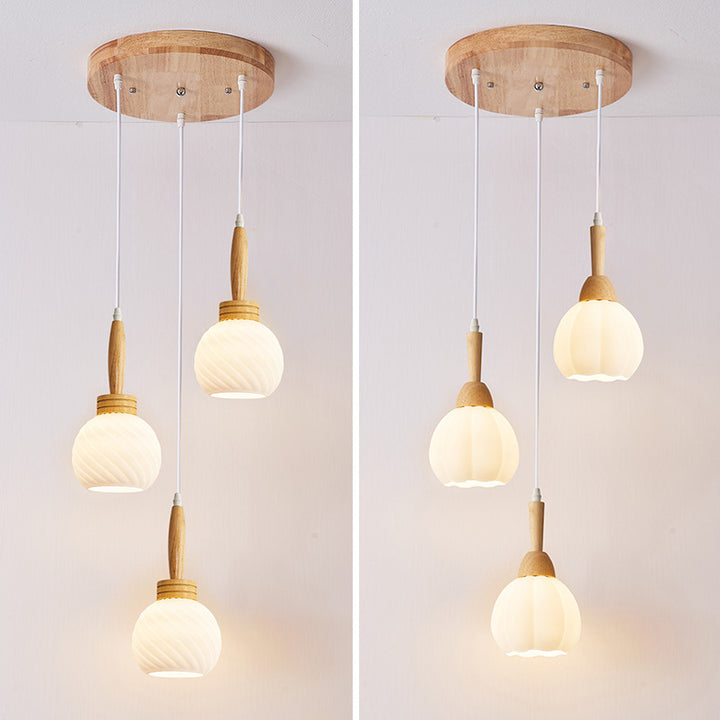 Modern Simplicity Long Plate Round Orb Glass Wood 3-Light Chandelier For Living Room