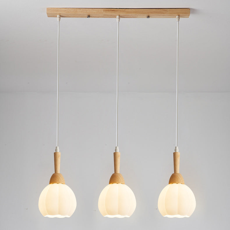 Modern Simplicity Long Plate Round Orb Glass Wood 3-Light Chandelier For Living Room