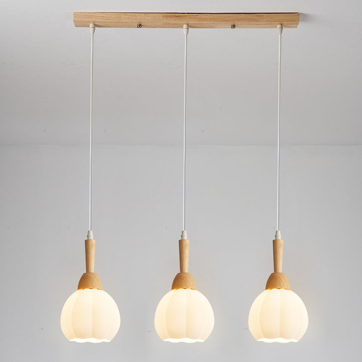 Modern Simplicity Long Plate Round Orb Glass Wood 3-Light Chandelier For Living Room