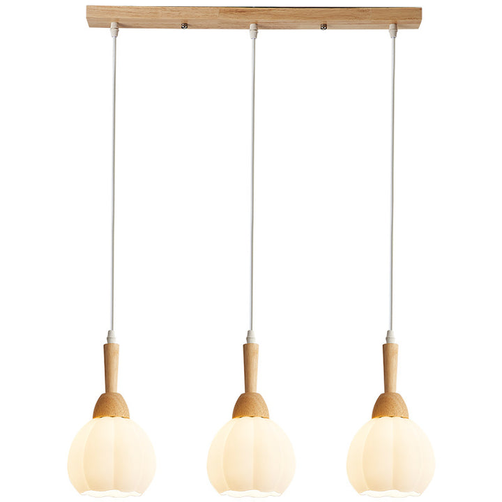 Modern Simplicity Long Plate Round Orb Glass Wood 3-Light Chandelier For Living Room