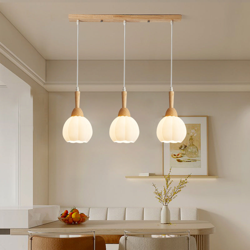 Modern Simplicity Long Plate Round Orb Glass Wood 3-Light Chandelier For Living Room