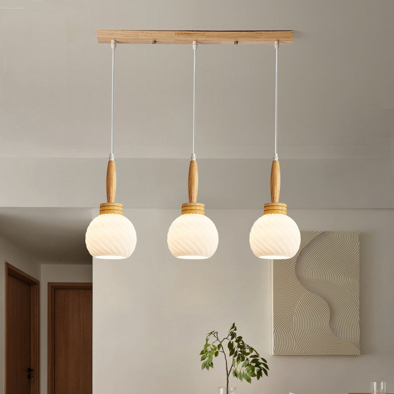 Modern Simplicity Long Plate Round Orb Glass Wood 3-Light Chandelier For Living Room