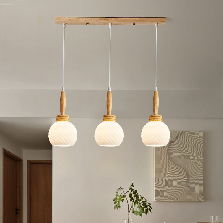 Modern Simplicity Long Plate Round Orb Glass Wood 3-Light Chandelier For Living Room