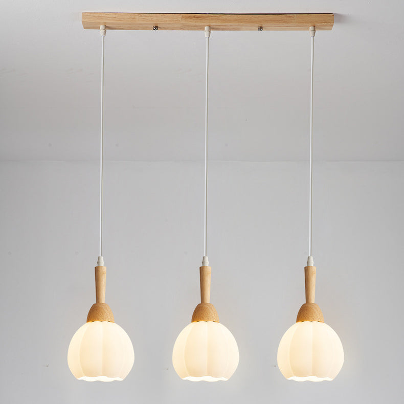 Modern Simplicity Long Plate Round Orb Glass Wood 3-Light Chandelier For Living Room
