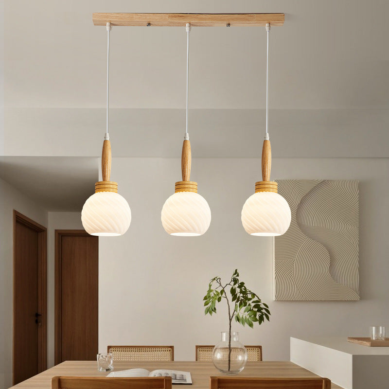 Modern Simplicity Long Plate Round Orb Glass Wood 3-Light Chandelier For Living Room