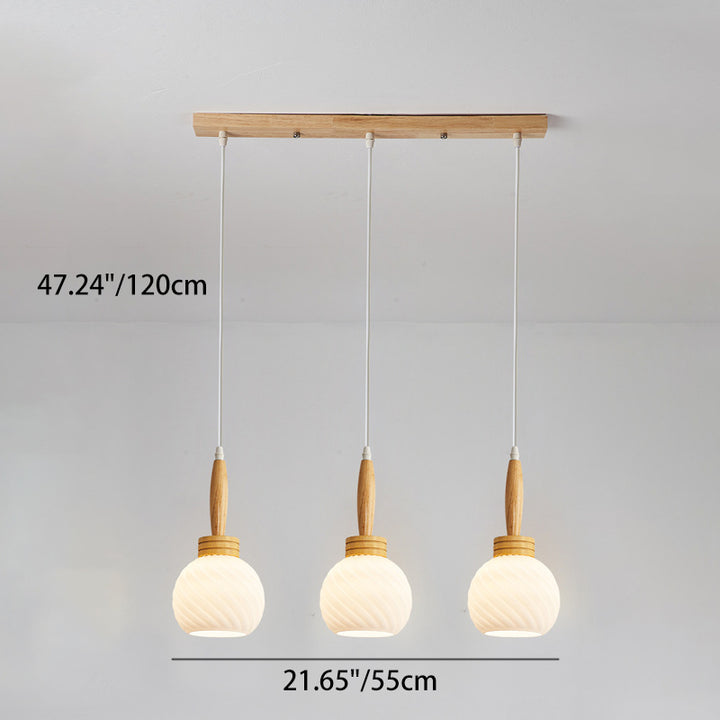 Modern Simplicity Long Plate Round Orb Glass Wood 3-Light Chandelier For Living Room