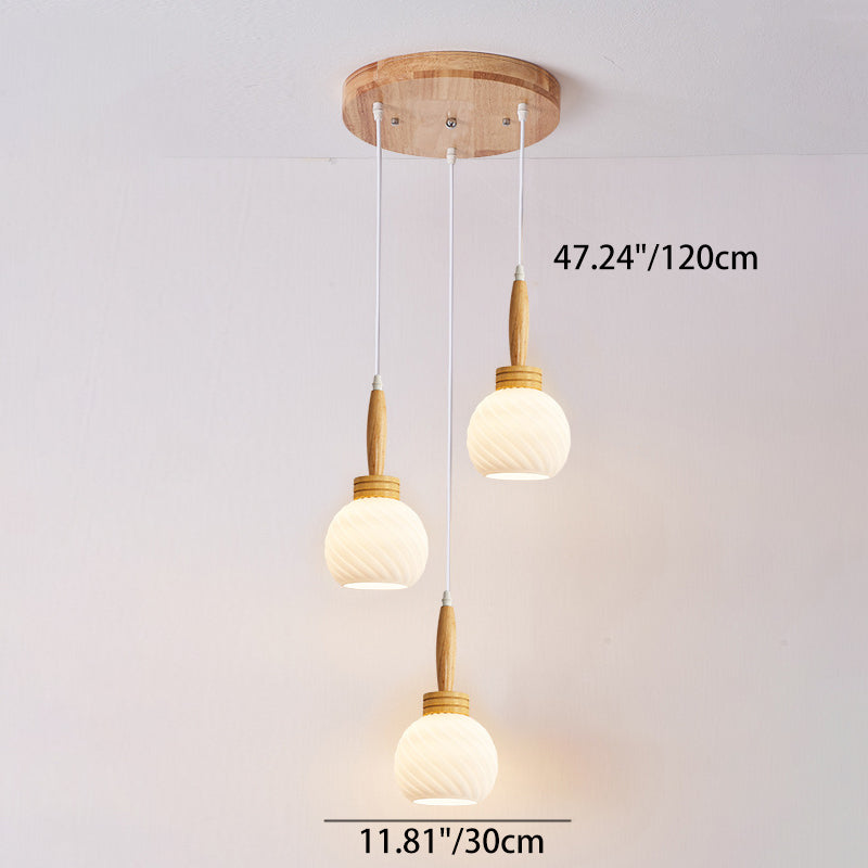 Modern Simplicity Long Plate Round Orb Glass Wood 3-Light Chandelier For Living Room