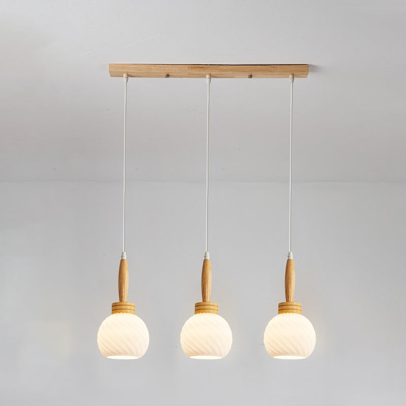 Modern Simplicity Long Plate Round Orb Glass Wood 3-Light Chandelier For Living Room