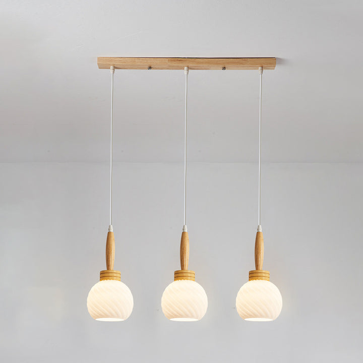Modern Simplicity Long Plate Round Orb Glass Wood 3-Light Chandelier For Living Room