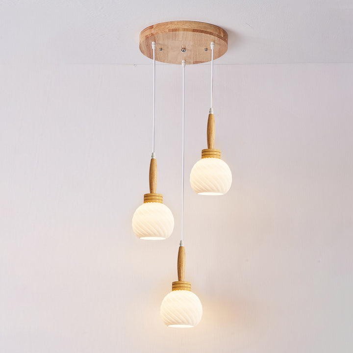Modern Simplicity Long Plate Round Orb Glass Wood 3-Light Chandelier For Living Room