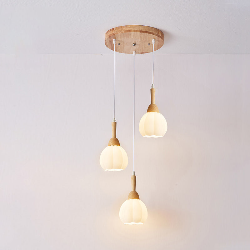 Modern Simplicity Long Plate Round Orb Glass Wood 3-Light Chandelier For Living Room