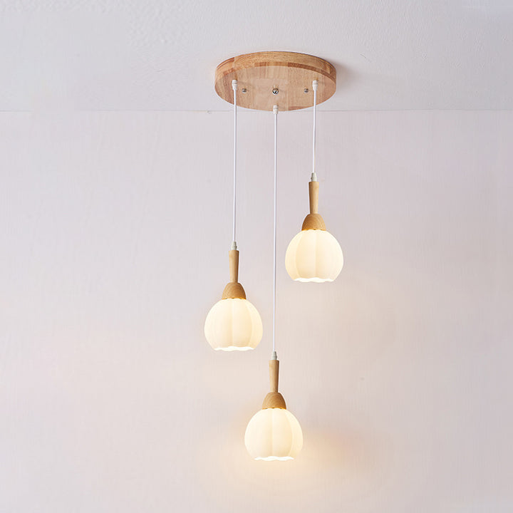 Modern Simplicity Long Plate Round Orb Glass Wood 3-Light Chandelier For Living Room