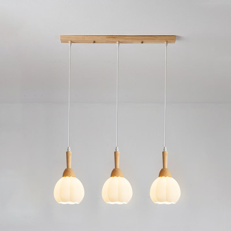 Modern Simplicity Long Plate Round Orb Glass Wood 3-Light Chandelier For Living Room