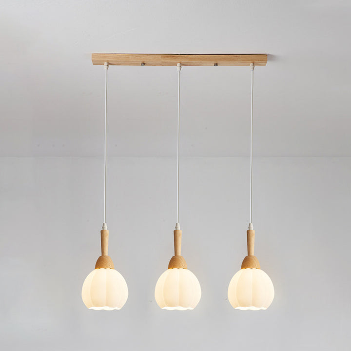 Modern Simplicity Long Plate Round Orb Glass Wood 3-Light Chandelier For Living Room