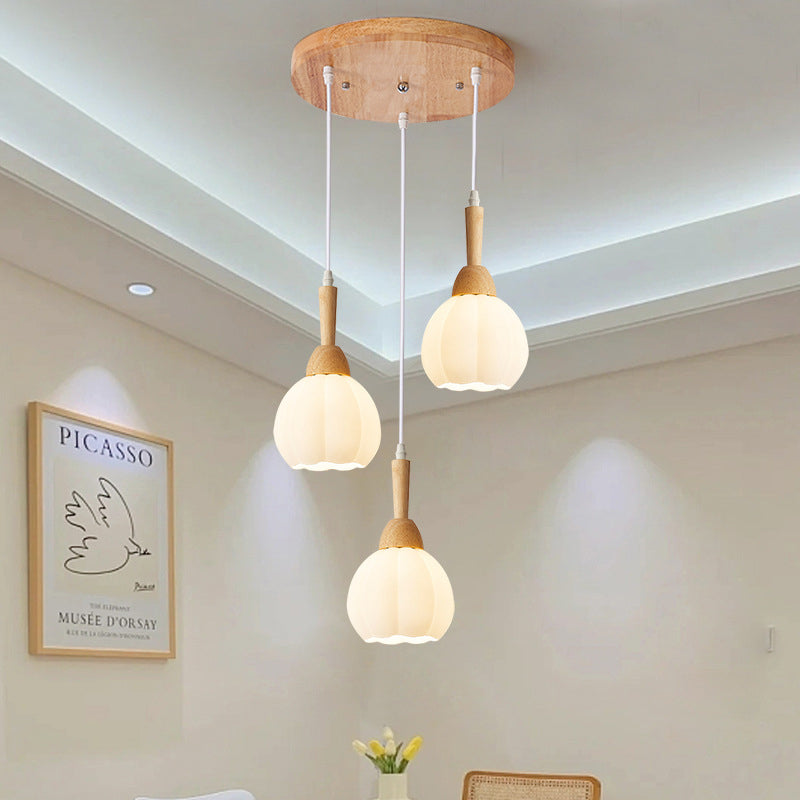 Modern Simplicity Long Plate Round Orb Glass Wood 3-Light Chandelier For Living Room