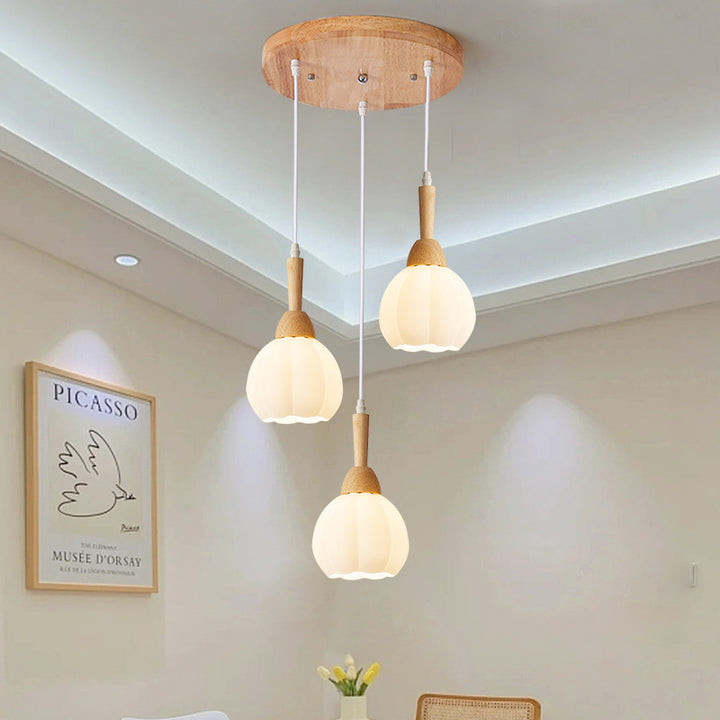 Modern Simplicity Long Plate Round Orb Glass Wood 3-Light Chandelier For Living Room